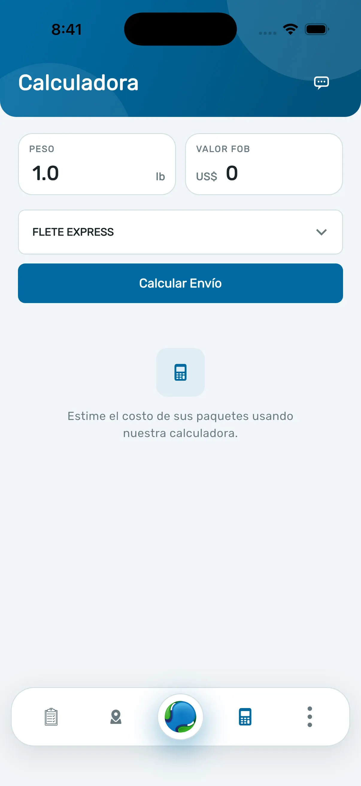 Calculadora de envío de la app iCourier con los campos de peso y valor FOB y el botón Calcular Envío.