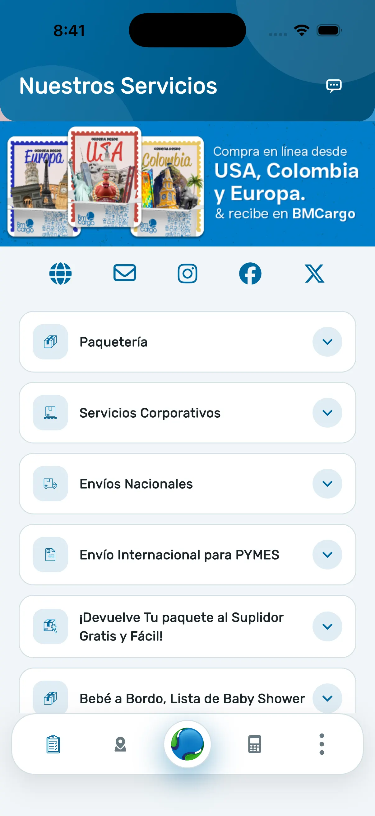 Pantalla de servicios de la app iCourier con un banner promocional y la lista de servicios del courier.